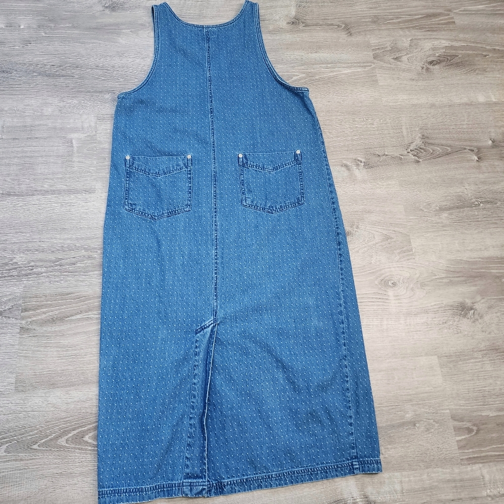VINTAGE KEREN HART Denim Jean White Polka Dot Maxi Sleeveless Dress - Picture 9 of 11